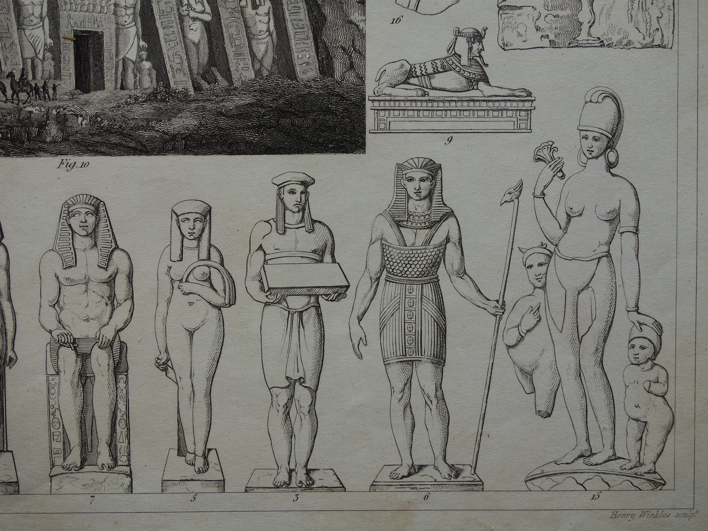 Oude prent kunstgeschiedenis Originele antieke print Egyptische Perzische Kunst Abu Simbel Tempel Farao Beeldhouwkunst vintage illustratie Beeldhouwwerken