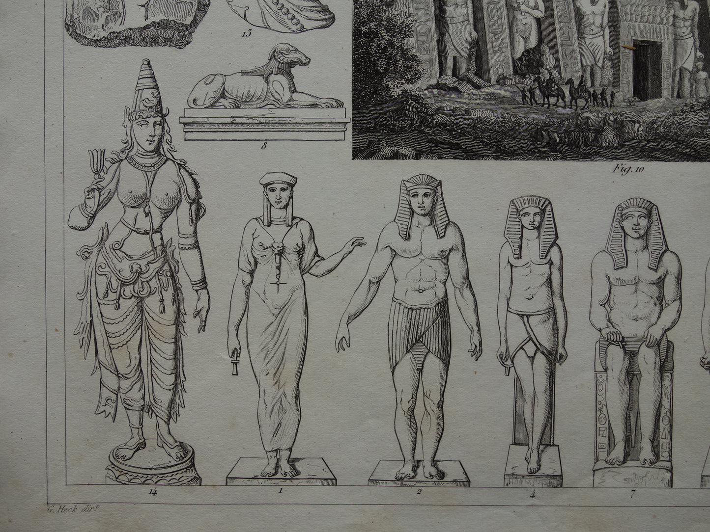 Oude prent kunstgeschiedenis Originele antieke print Egyptische Perzische Kunst Abu Simbel Tempel Farao Beeldhouwkunst vintage illustratie Beeldhouwwerken