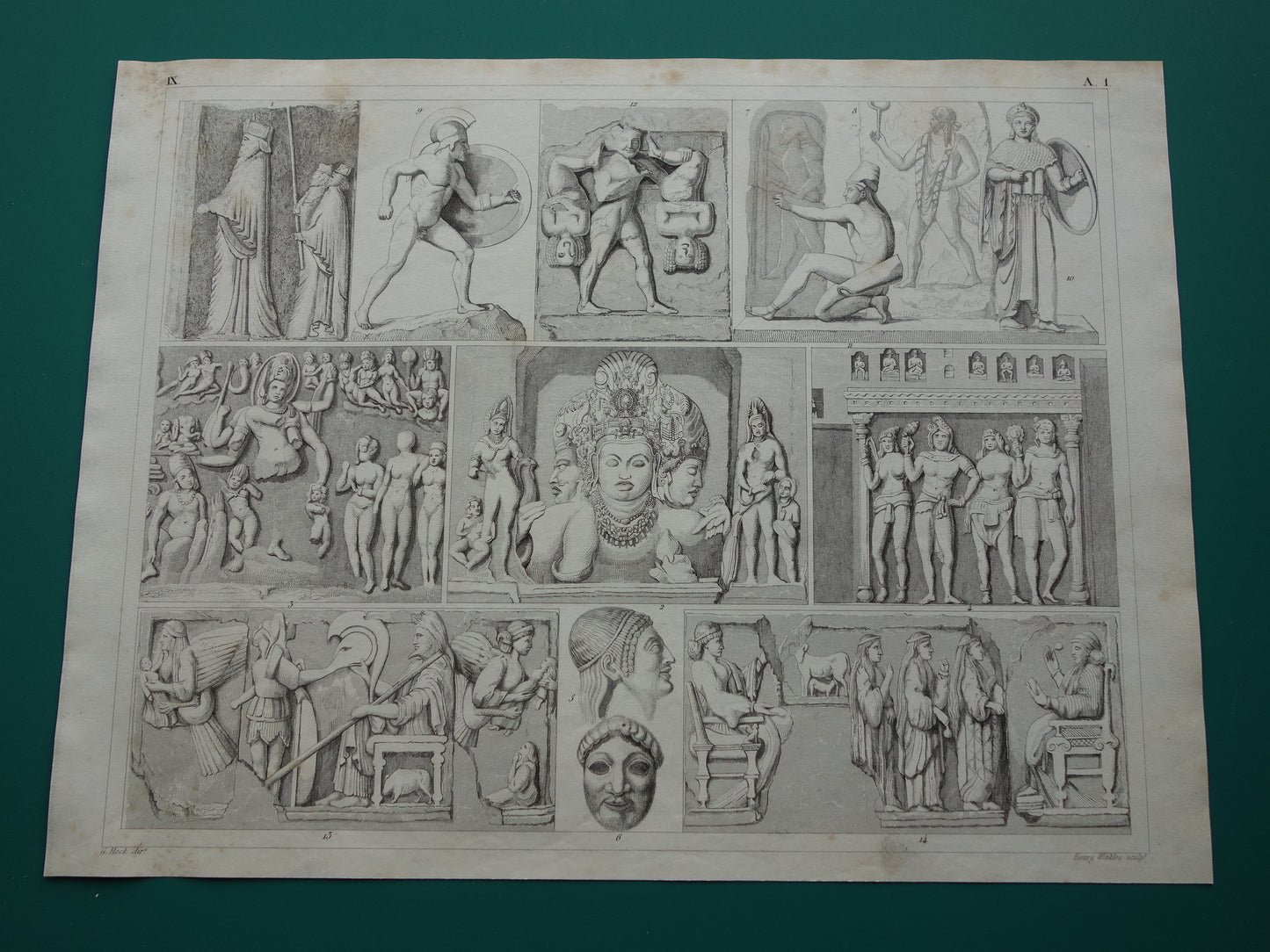 Oude prent kunstgeschiedenis Originele antieke print Beeldhouwkunst India Ellora Elephanta grotten illustratie Geschiedenis Beeldhouwwerken