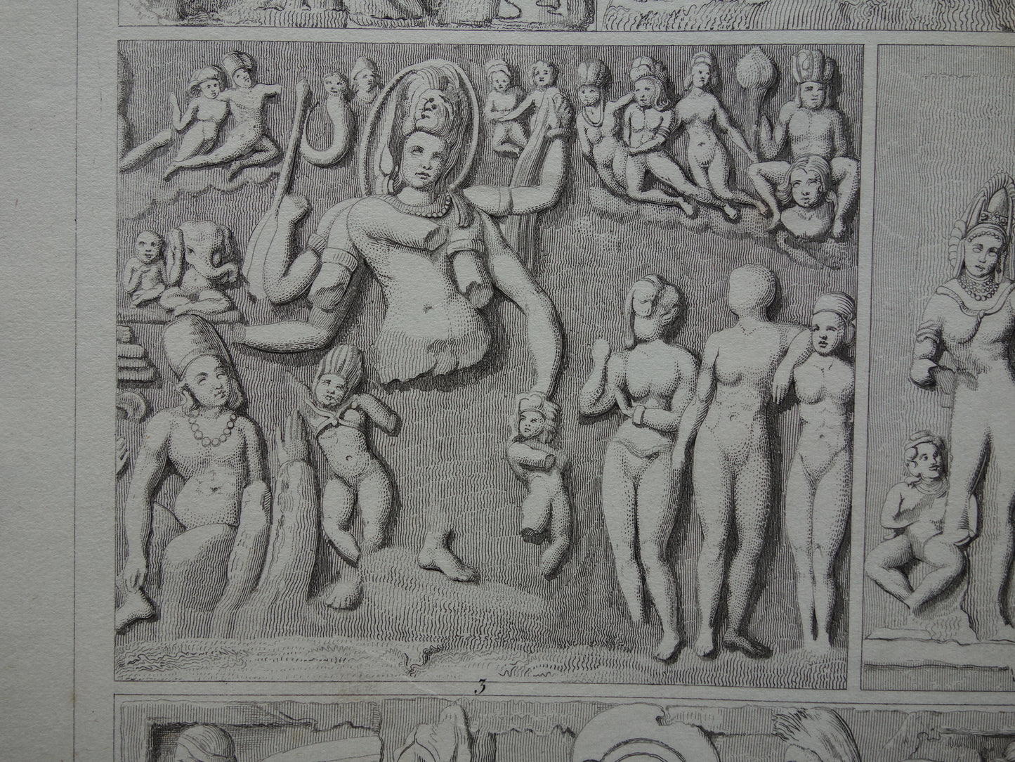 Oude prent kunstgeschiedenis Originele antieke print Beeldhouwkunst India Ellora Elephanta grotten illustratie Geschiedenis Beeldhouwwerken
