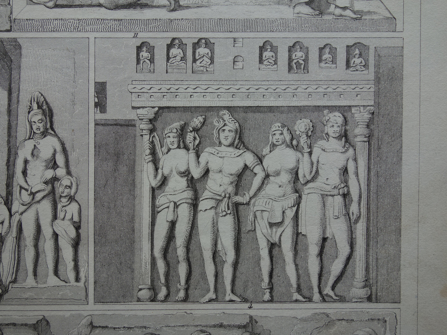 Oude prent kunstgeschiedenis Originele antieke print Beeldhouwkunst India Ellora Elephanta grotten illustratie Geschiedenis Beeldhouwwerken