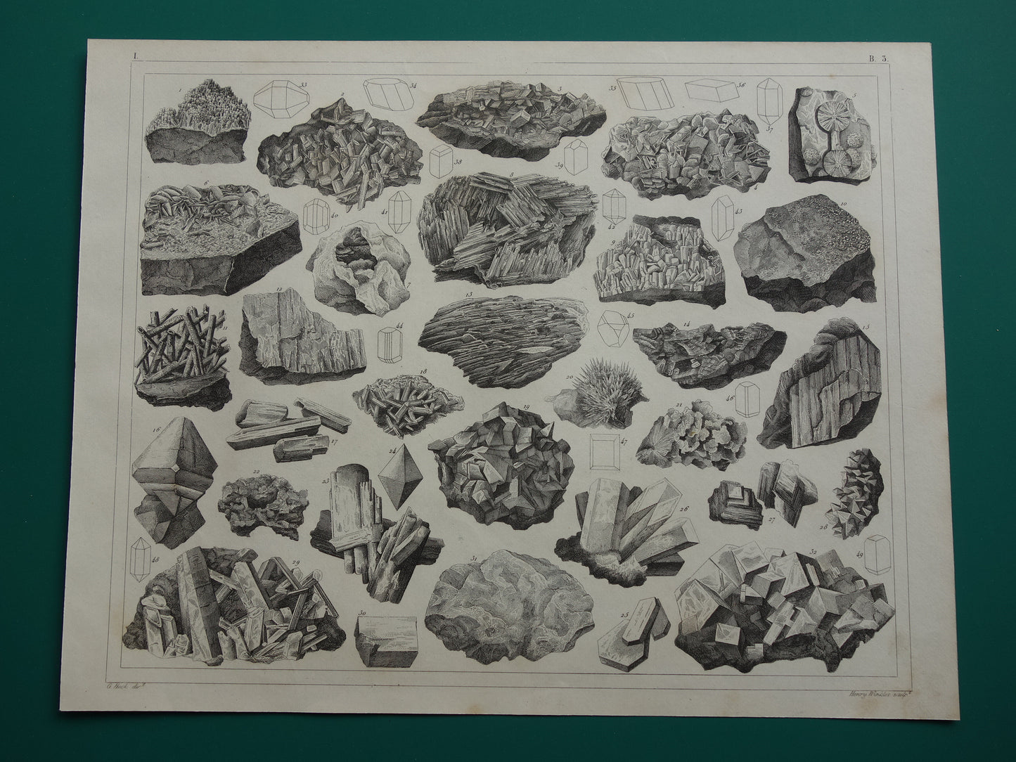 Oude prent Edelstenen en Mineralen 1849 originele antieke print kristallen kristalstructuren edelsteen vormen vintage illustratie