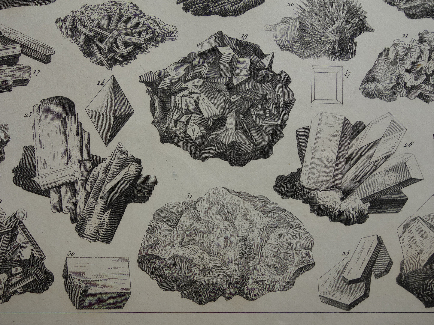 Oude prent Edelstenen en Mineralen 1849 originele antieke print kristallen kristalstructuren edelsteen vormen vintage illustratie
