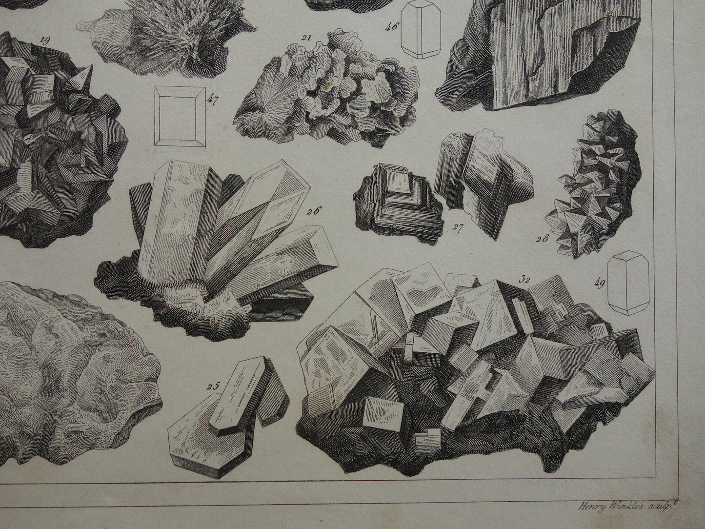 Oude prent Edelstenen en Mineralen 1849 originele antieke print kristallen kristalstructuren edelsteen vormen vintage illustratie