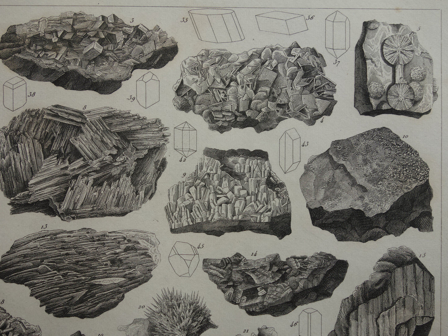 Oude prent Edelstenen en Mineralen 1849 originele antieke print kristallen kristalstructuren edelsteen vormen vintage illustratie