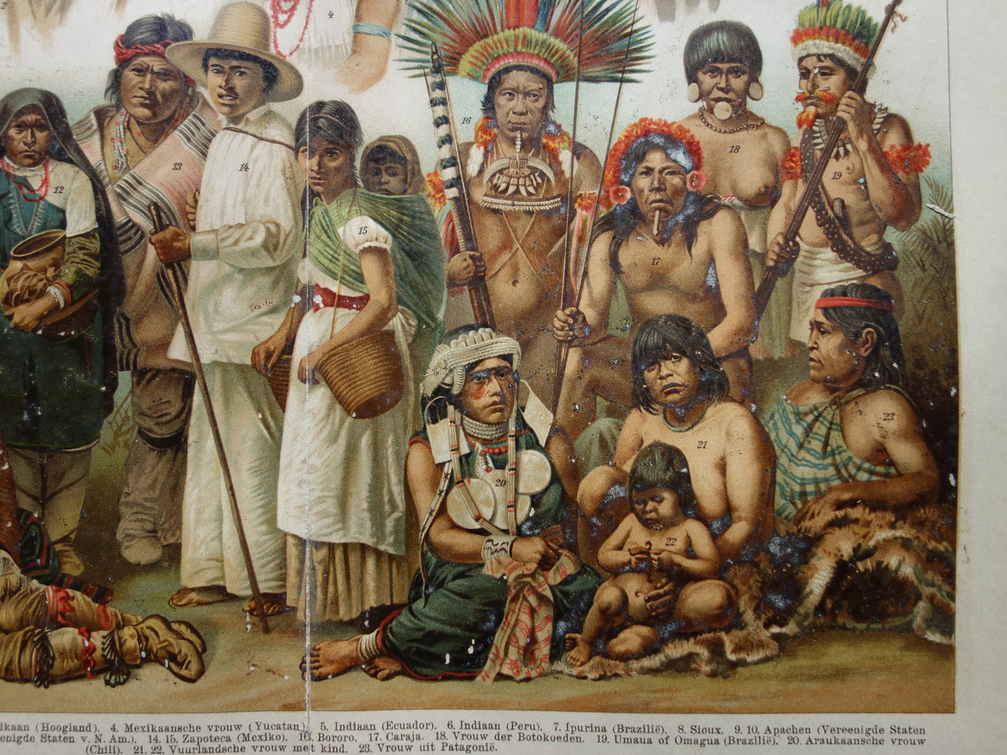 Oude prent van Indianen Antieke illustratie oorspronkelijke bewoners Amerika Antropologie Etnografie