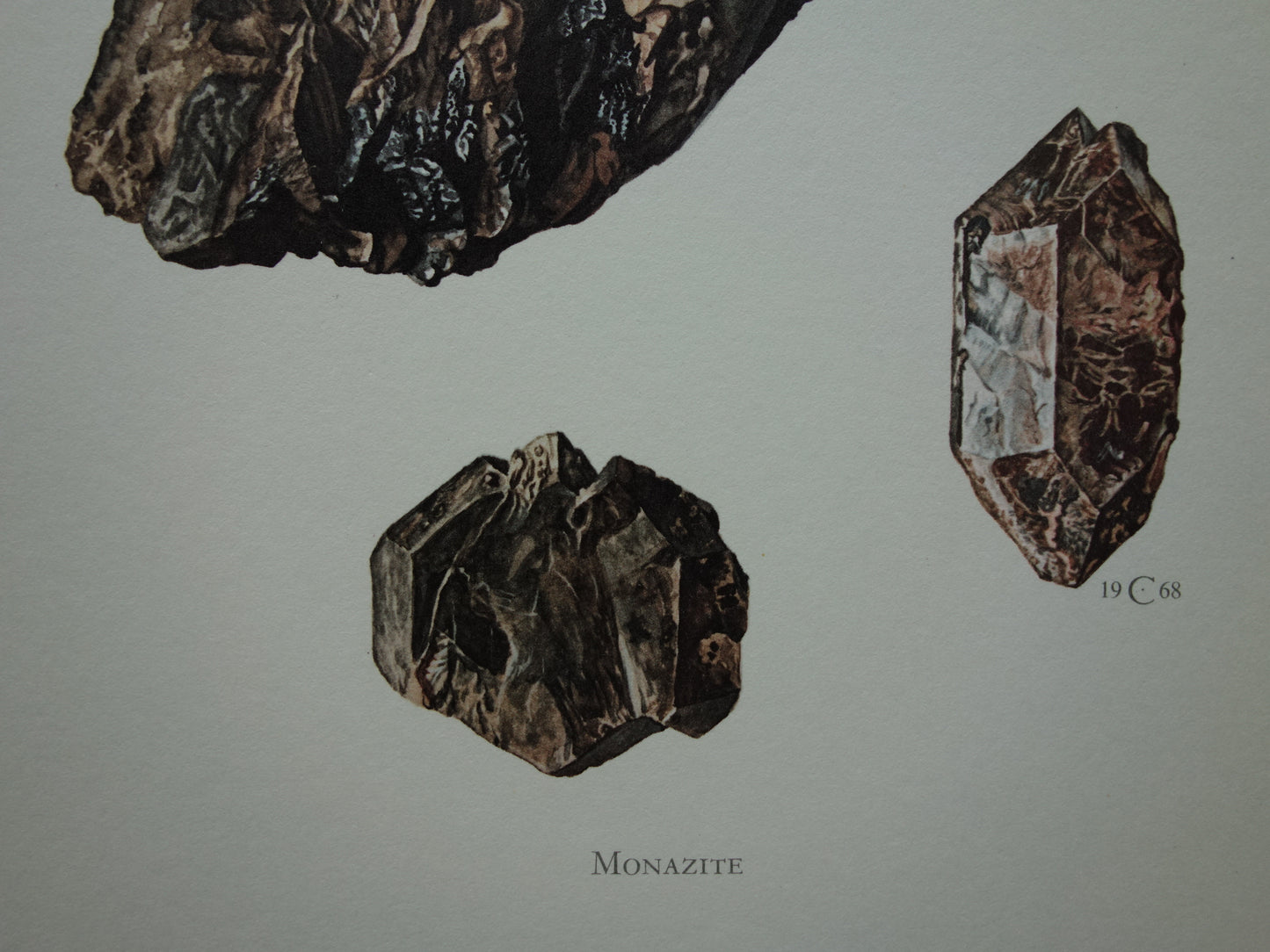 Mineralen Set van drie oude prenten Monaziet Gips Rhodochrosiet 3 vintage mineraal prints kristallen edelstenen illustratie