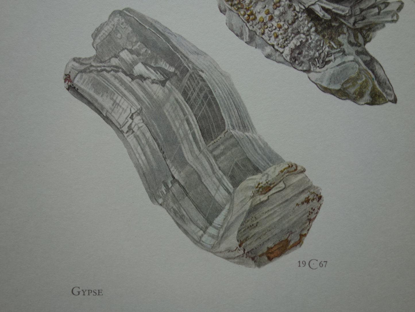 Mineralen Set van drie oude prenten Monaziet Gips Rhodochrosiet 3 vintage mineraal prints kristallen edelstenen illustratie