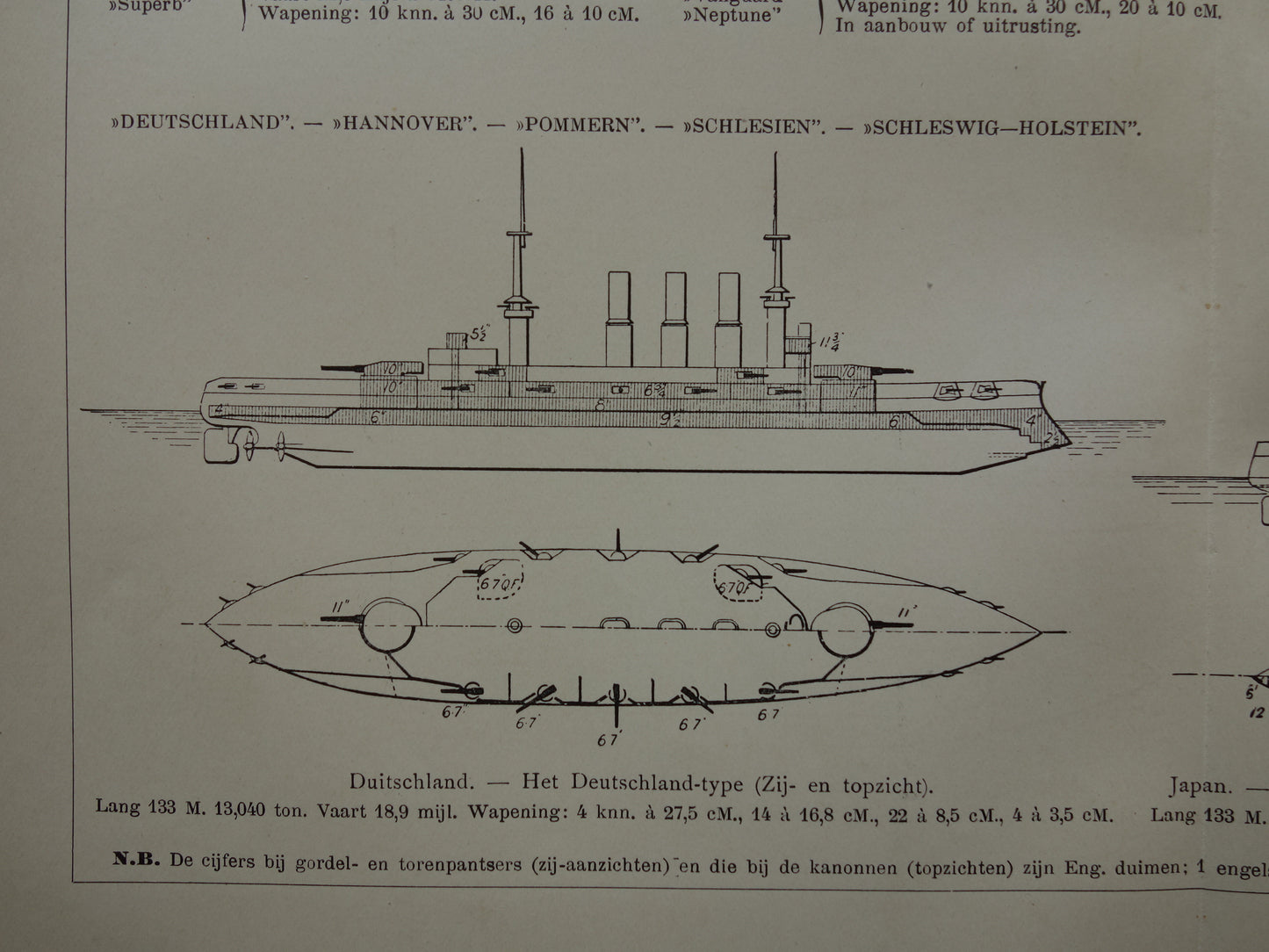 Oude prent van Oorlogsschepen uit 1910 originele antieke illustratie Mikasa Vlaggeschip Japan Dreadnought schip schepen Montana