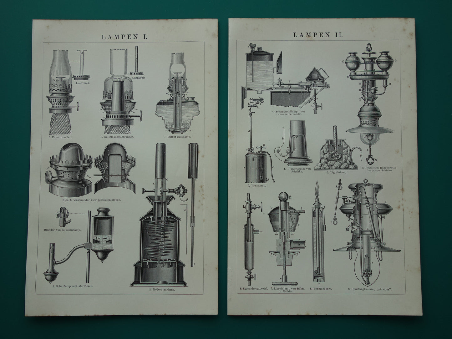 Oude techniek prent over lampen 1910 originele antieke Nederlandse vintage print verlichting lamp technologie