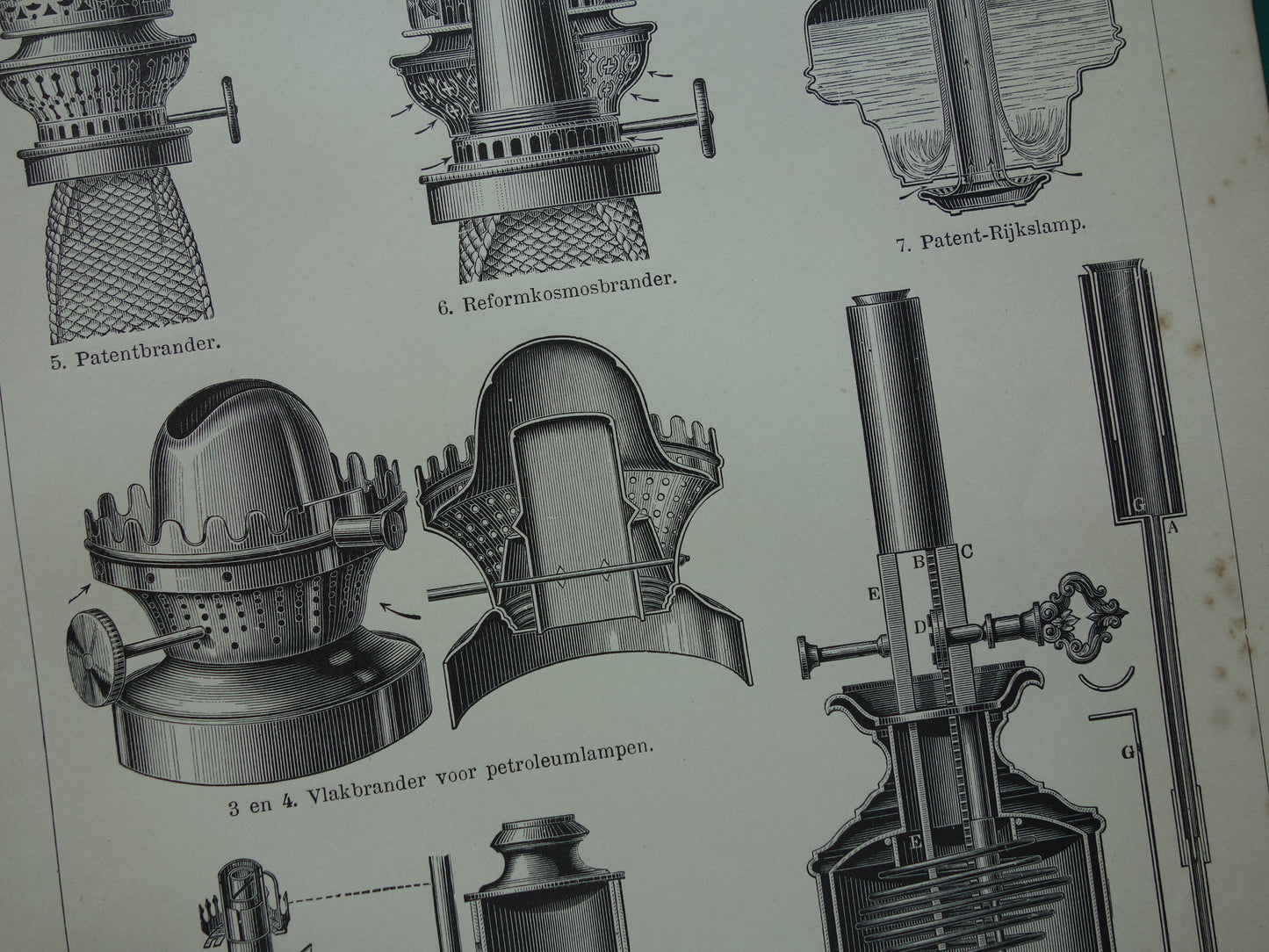 Oude techniek prent over lampen 1910 originele antieke Nederlandse vintage print verlichting lamp technologie