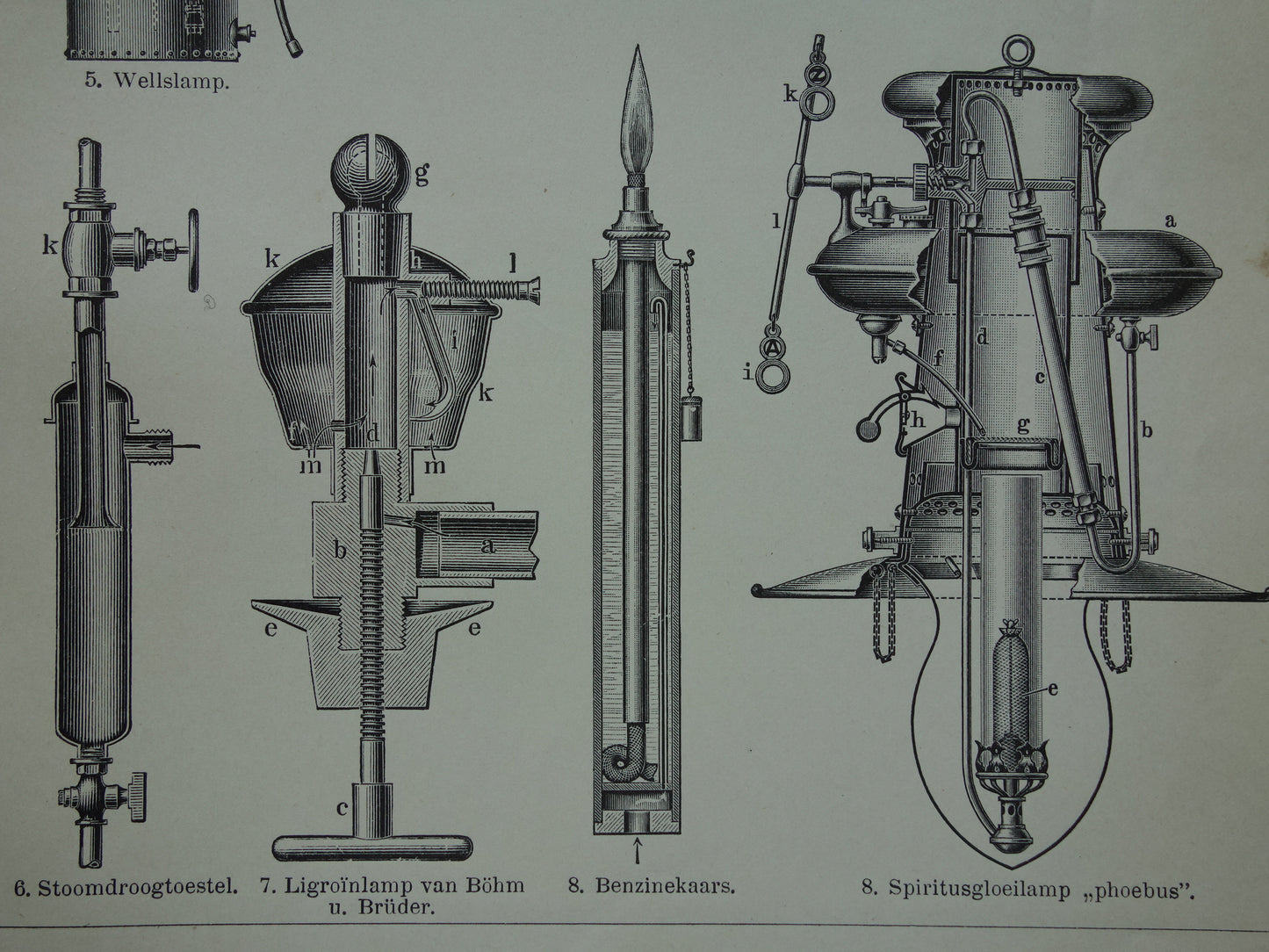 Oude techniek prent over lampen 1910 originele antieke Nederlandse vintage print verlichting lamp technologie
