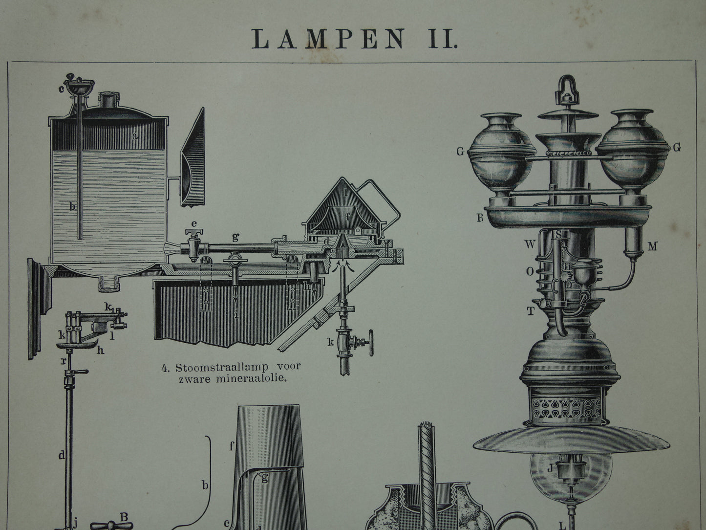 Oude techniek prent over lampen 1910 originele antieke Nederlandse vintage print verlichting lamp technologie