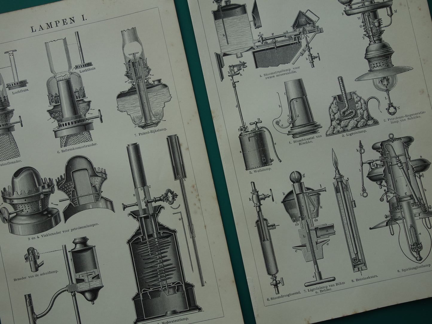 Oude techniek prent over lampen 1910 originele antieke Nederlandse vintage print verlichting lamp technologie