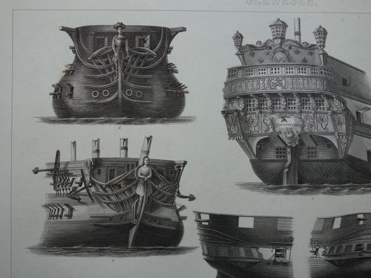Oude prent van spiegel en boeg van historische zeilschepen originele antieke print schip spiegels vintage scheepvaart prints nr. 6