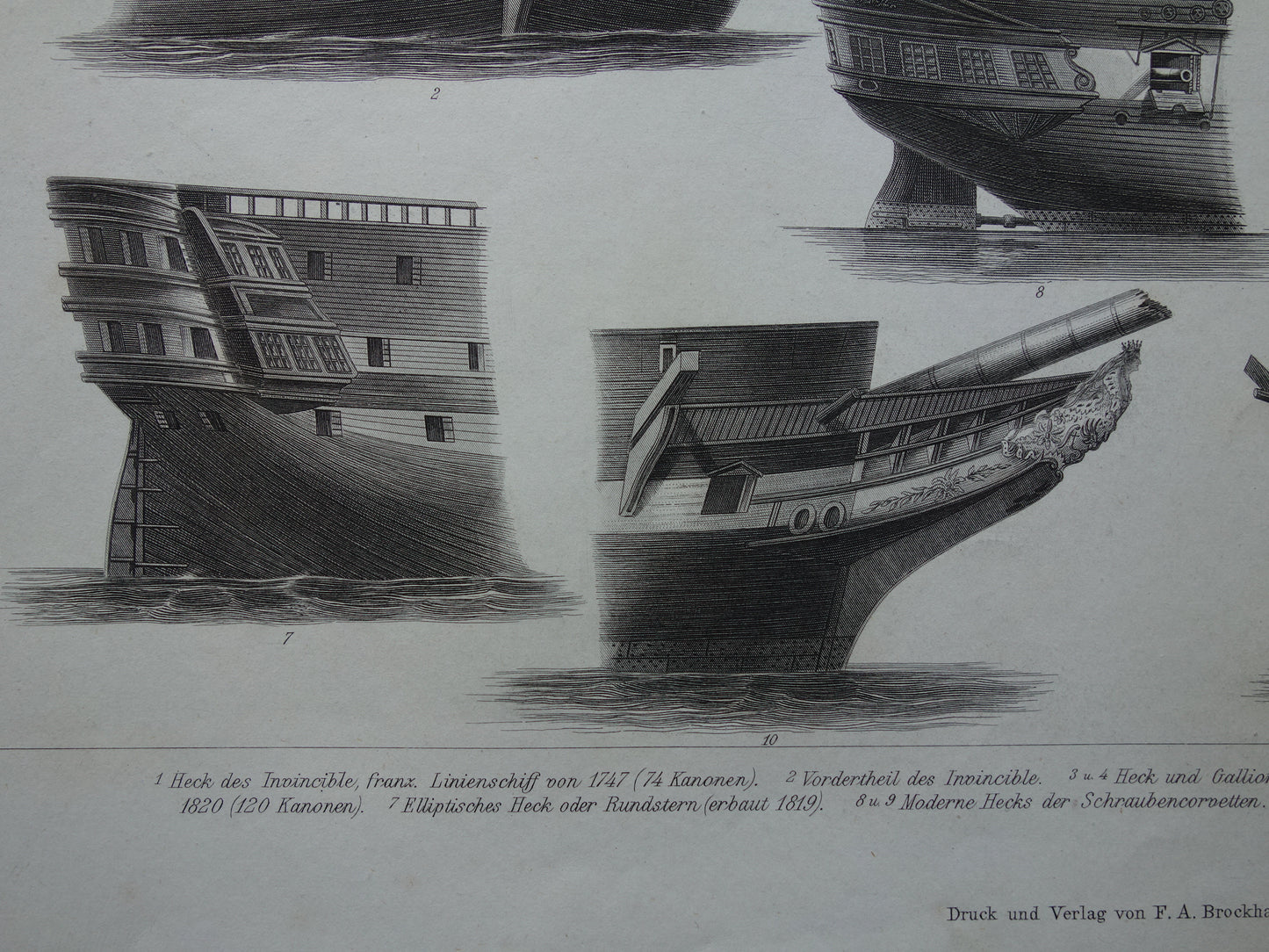 Oude prent van spiegel en boeg van historische zeilschepen originele antieke print schip spiegels vintage scheepvaart prints nr. 6