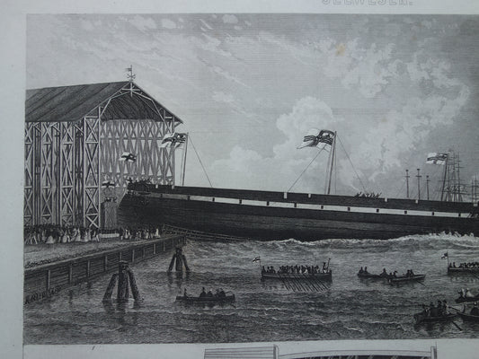 Old shipping print launching frigate historical ships original antique print maritime history vintage prints no. 16