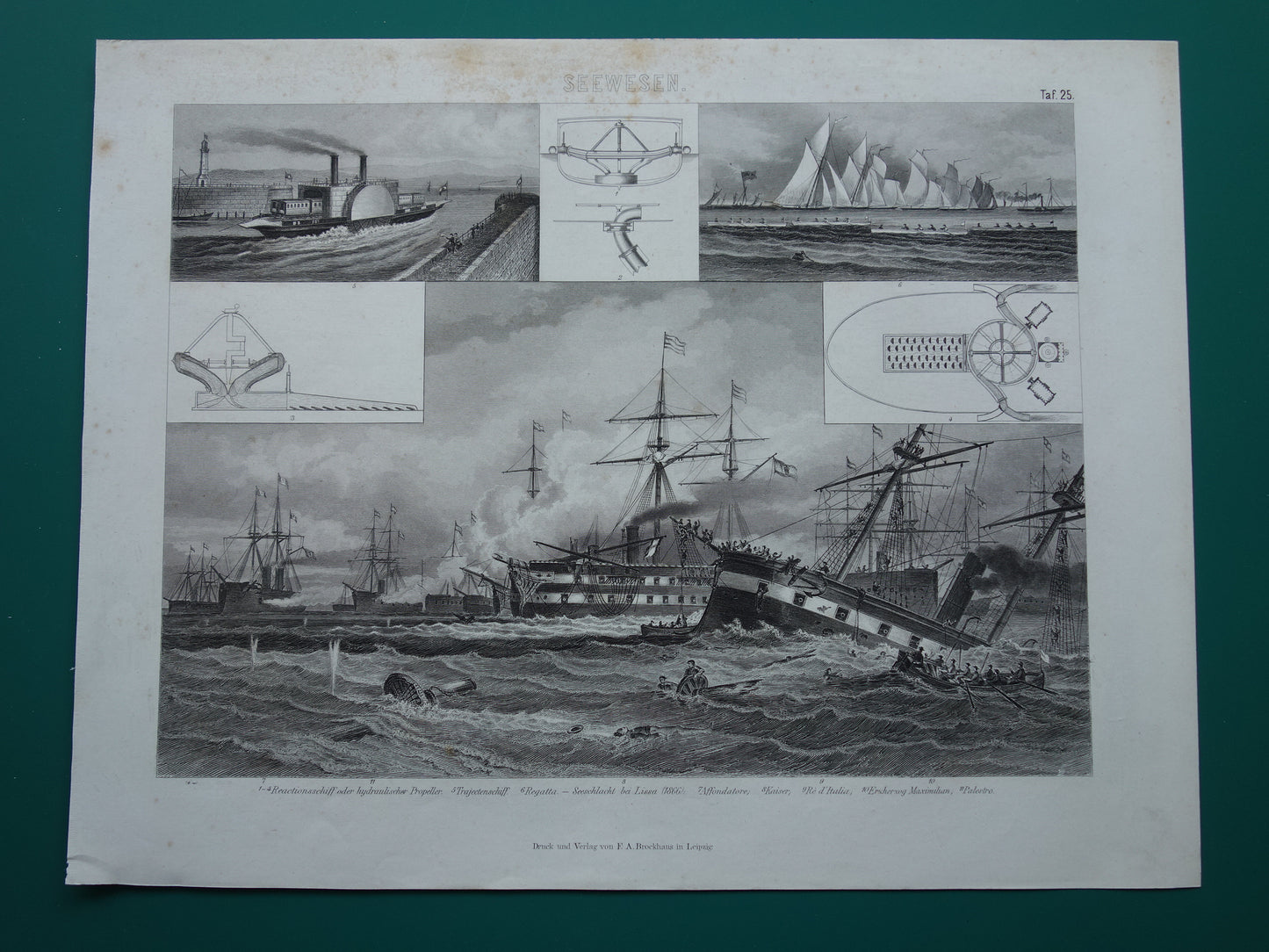 Scheepvaart oude prent van historische schepen originele antieke print maritieme geschiedenis vintage prints 25