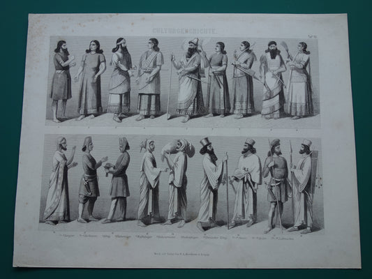 Oude prent over Assyrië Perzië 1870 originele antieke geschiedenis illustratie Meden en Perzen prints
