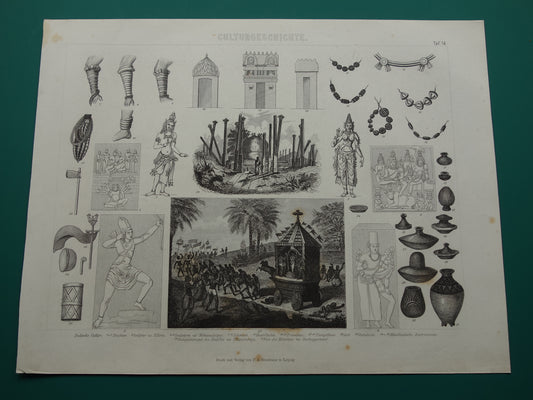 Antieke prent over India originele 150+ jaar oude illustratie Indische Juwelen Aardewerk Krishna festival vintage print Ellora