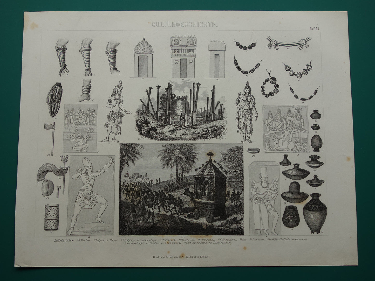 Antieke prent over India originele 150+ jaar oude illustratie Indische Juwelen Aardewerk Krishna festival vintage print Ellora