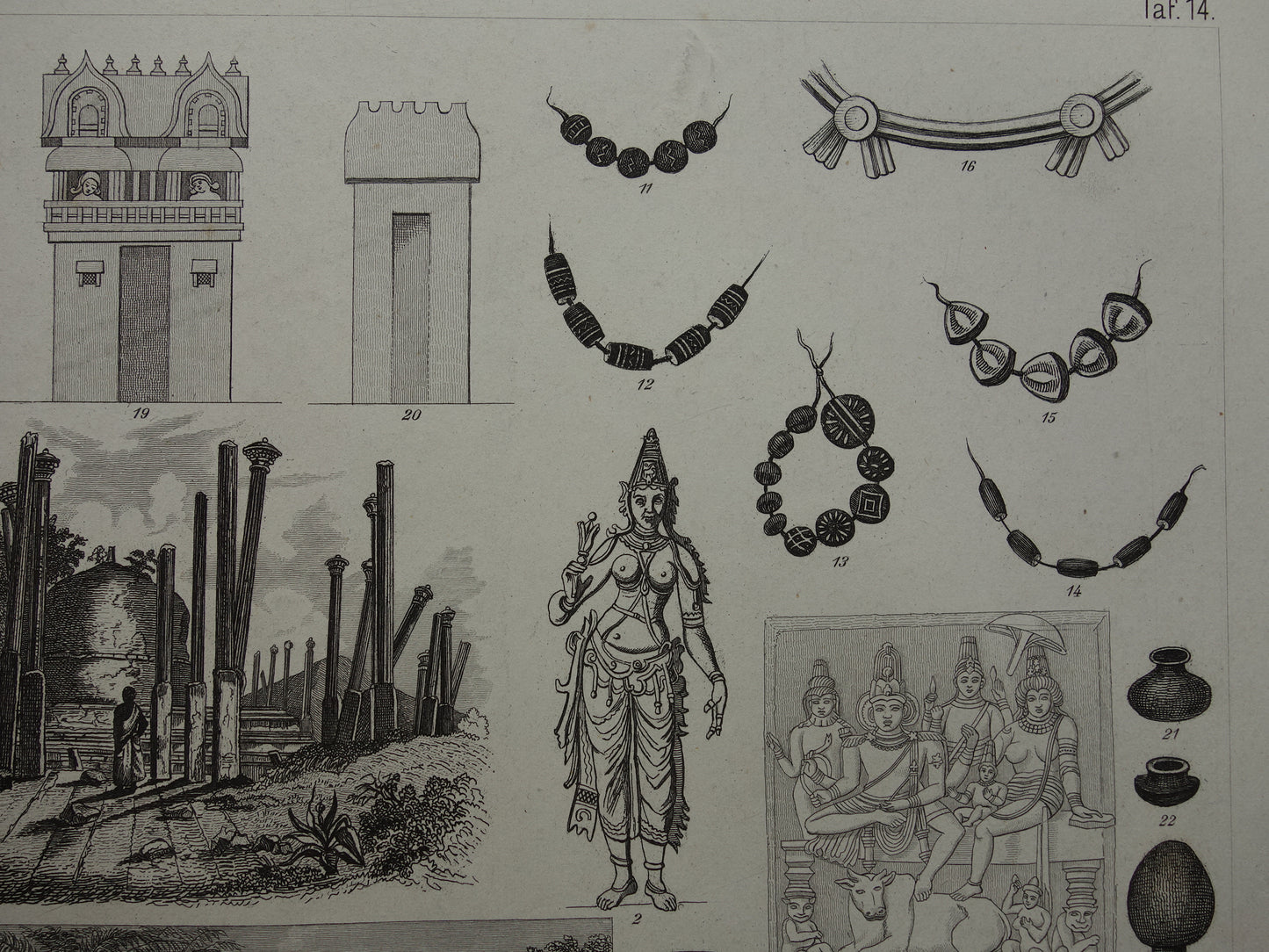 Antieke prent over India originele 150+ jaar oude illustratie Indische Juwelen Aardewerk Krishna festival vintage print Ellora