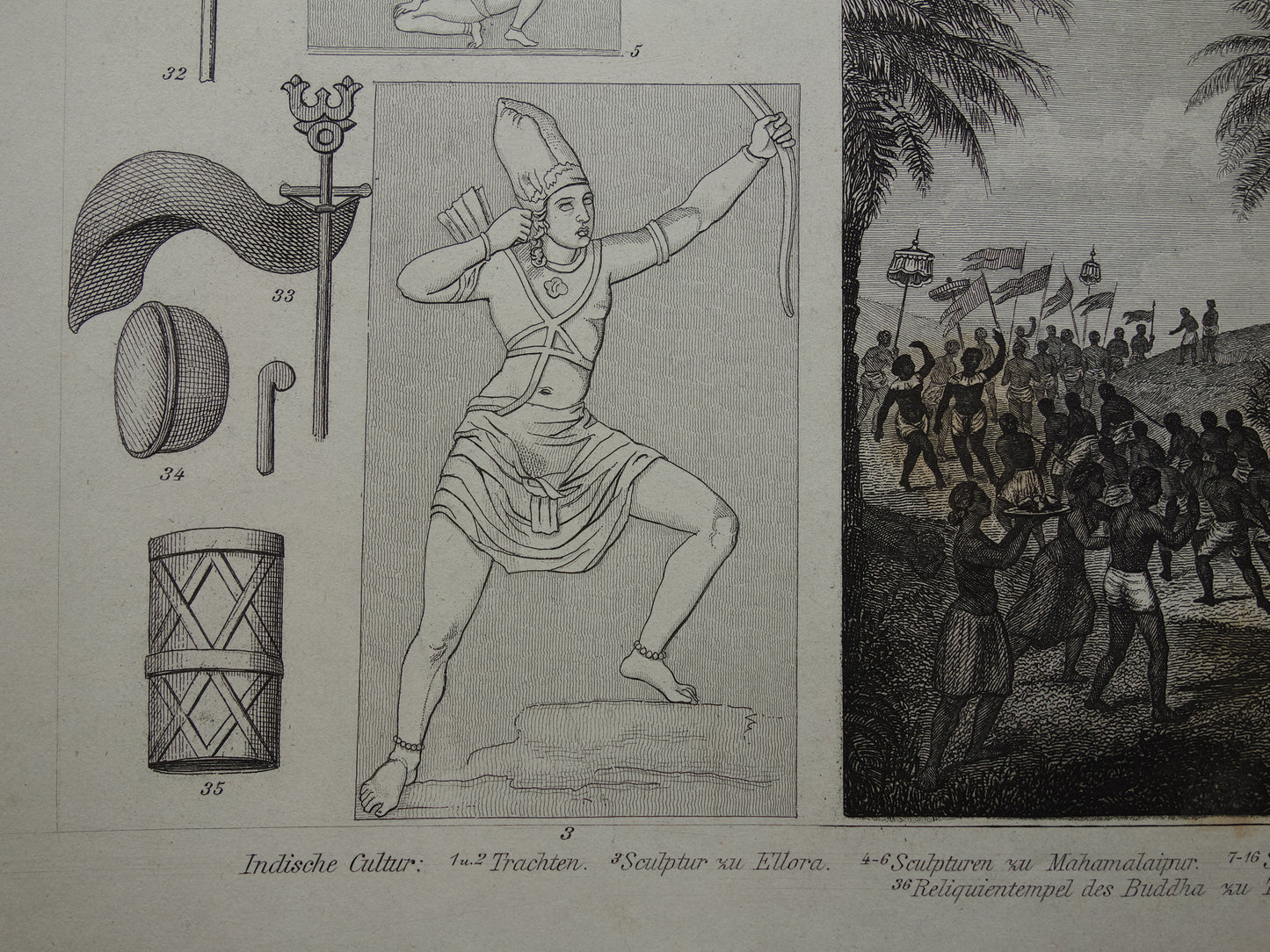 Antieke prent over India originele 150+ jaar oude illustratie Indische Juwelen Aardewerk Krishna festival vintage print Ellora