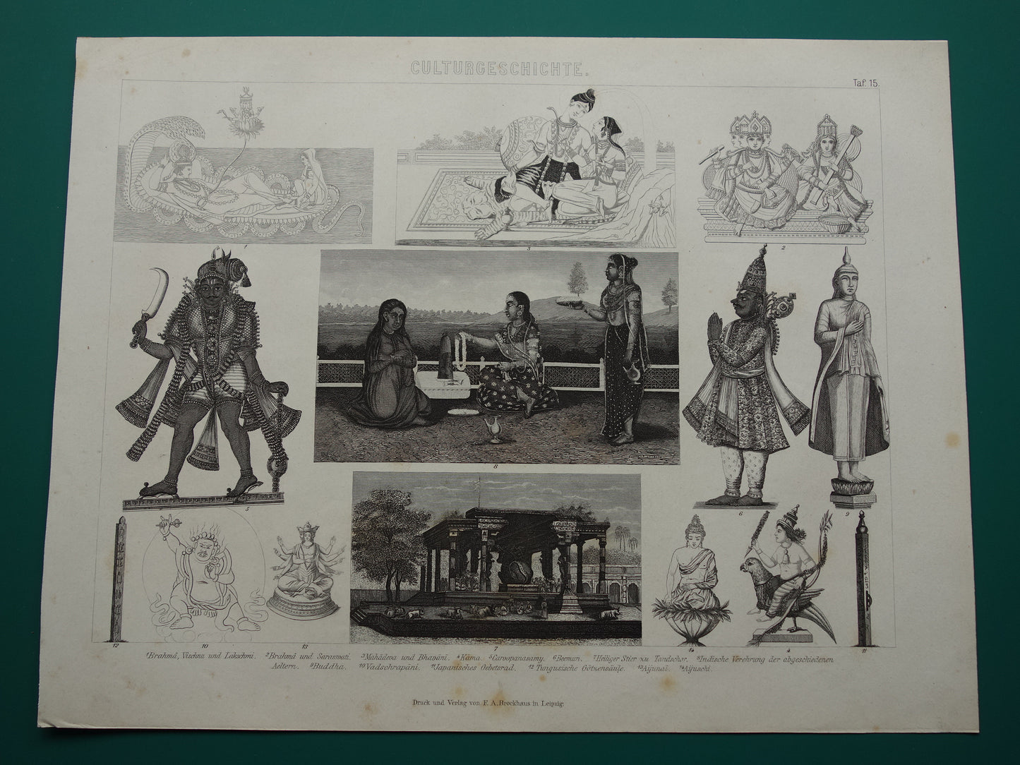 Oude prent over Oosterse religies 1870 originele antieke illustratie Hindoe goden Brahma Vishnoe Shiva vintage print Hindoeïsme