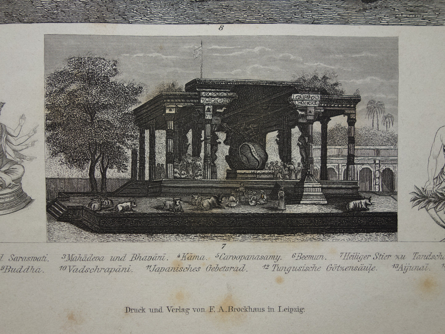 Oude prent over Oosterse religies 1870 originele antieke illustratie Hindoe goden Brahma Vishnoe Shiva vintage print Hindoeïsme