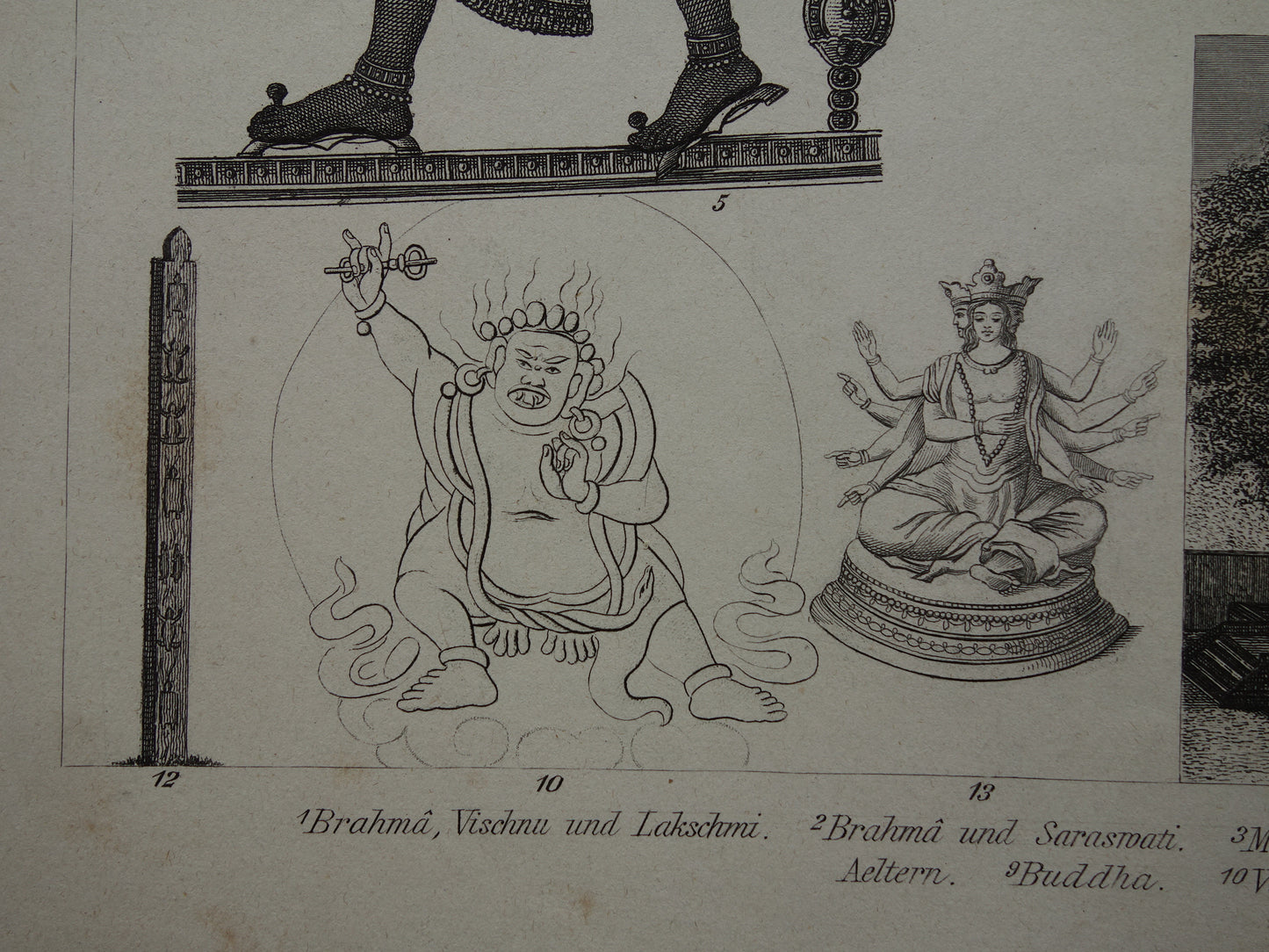 Oude prent over Oosterse religies 1870 originele antieke illustratie Hindoe goden Brahma Vishnoe Shiva vintage print Hindoeïsme