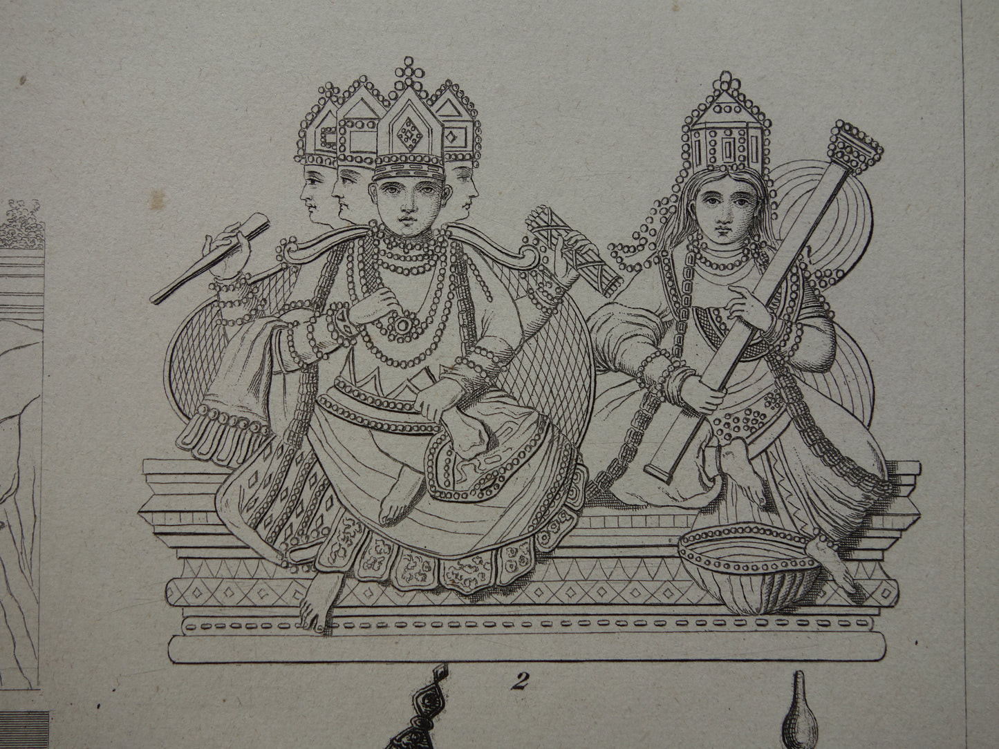 Oude prent over Oosterse religies 1870 originele antieke illustratie Hindoe goden Brahma Vishnoe Shiva vintage print Hindoeïsme