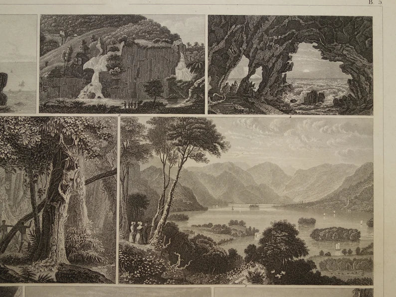 GEOLOGIE Set van drie antieke geologische prenten Watervallen Rotsformaties Geisers Grotten Oude vintage prent print