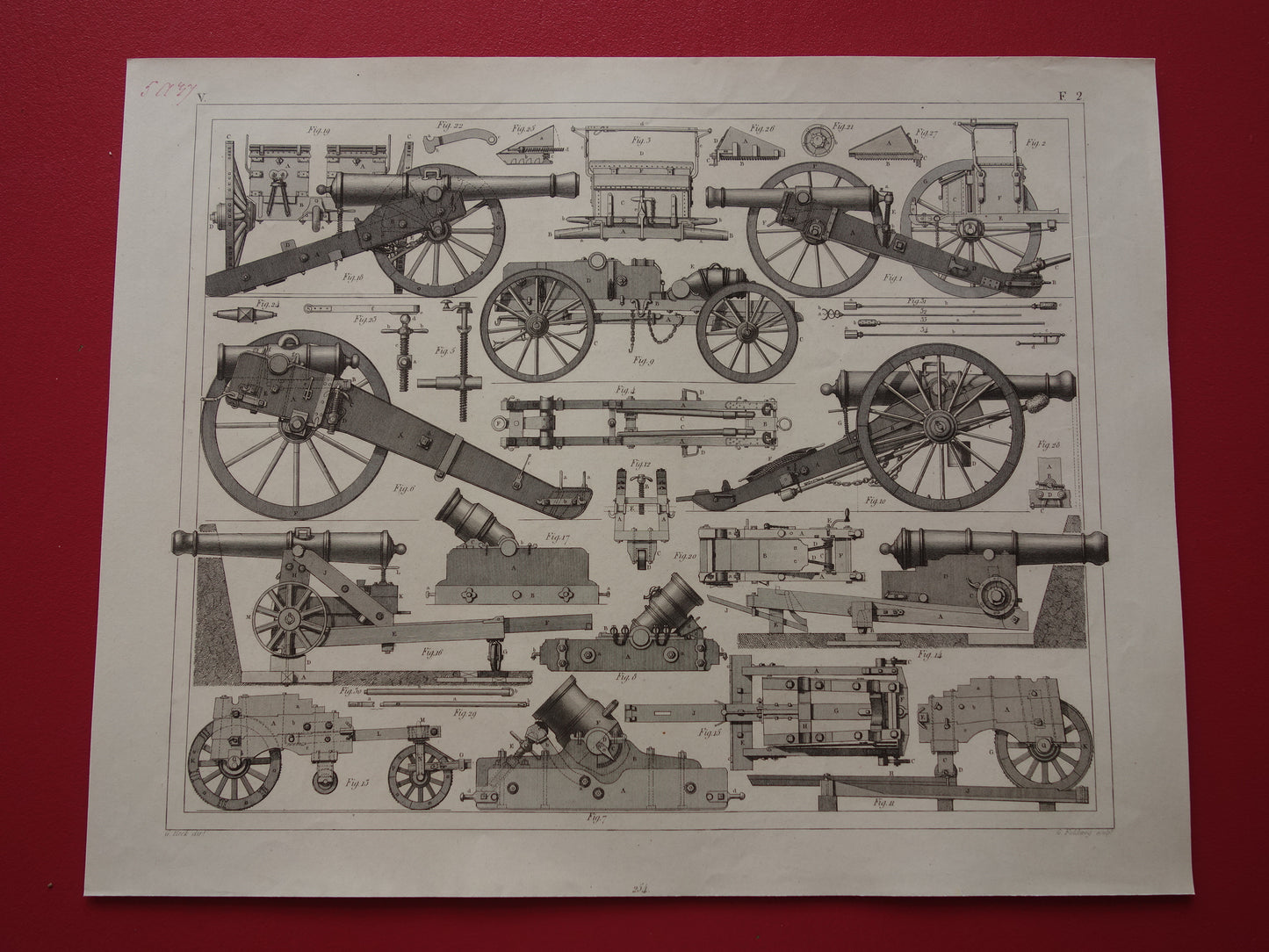 Antieke illustratie ARTILLERIE uit 1849 - 170+ jaar oude prent over kanonnen howitsers - originele vintage militaire print