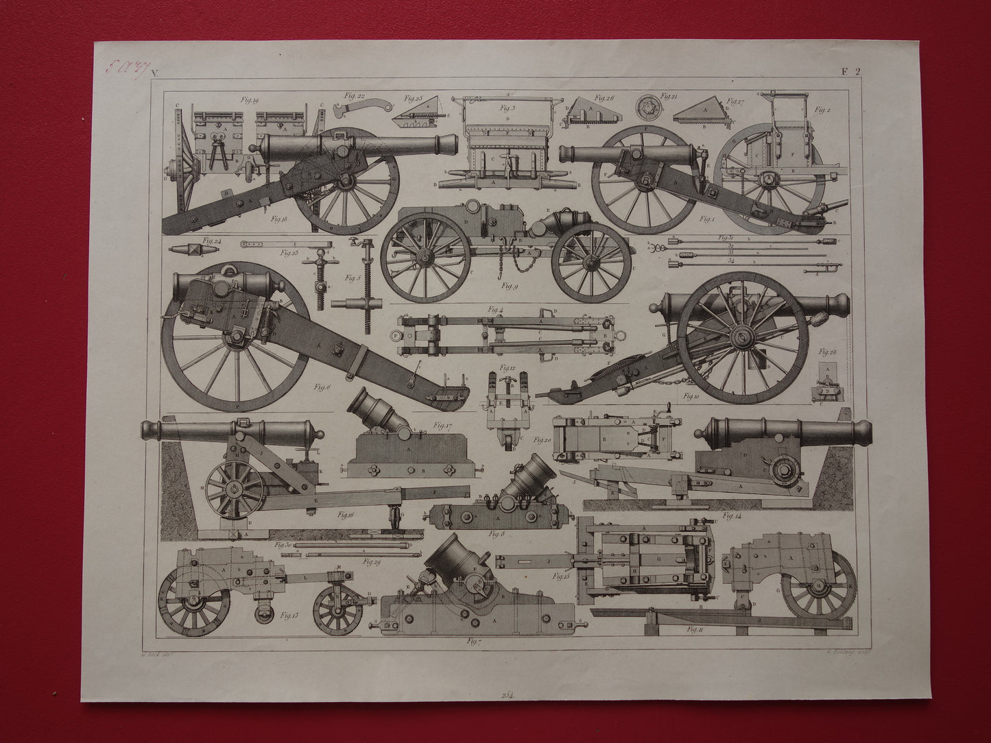 Antike Illustration ARTILLERIE aus dem Jahr 1849 – über 170 Jahre alter Druck über Kanonen und Haubitzen – originaler Vintage-Militärdruck