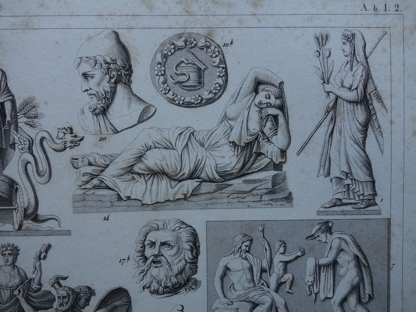 Griekse en Romeinse goden antieke print originele 1849 oude illustratie God sculpturen rituelen vintage religie prenten klassieke oudheid Bacchus