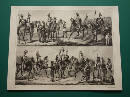 1849 oude prent van Duitse en Franse soldaten - originele antieke militaire illustratie - uniformen leger Frankrijk Duitsland print