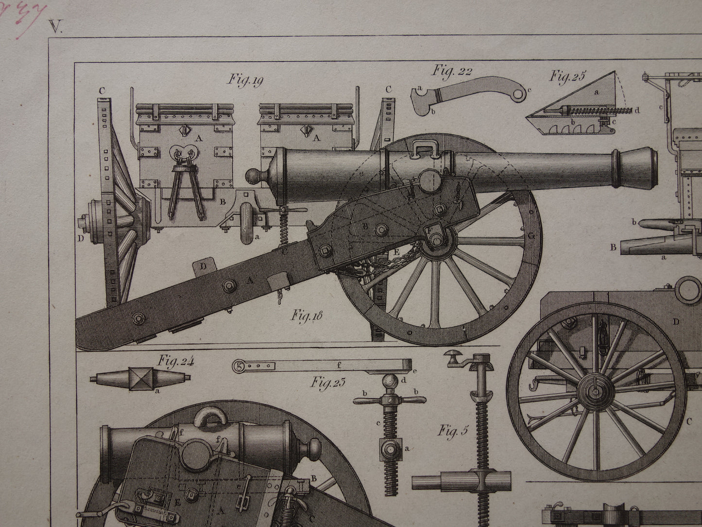 Antike Illustration ARTILLERIE aus dem Jahr 1849 – über 170 Jahre alter Druck über Kanonen und Haubitzen – originaler Vintage-Militärdruck