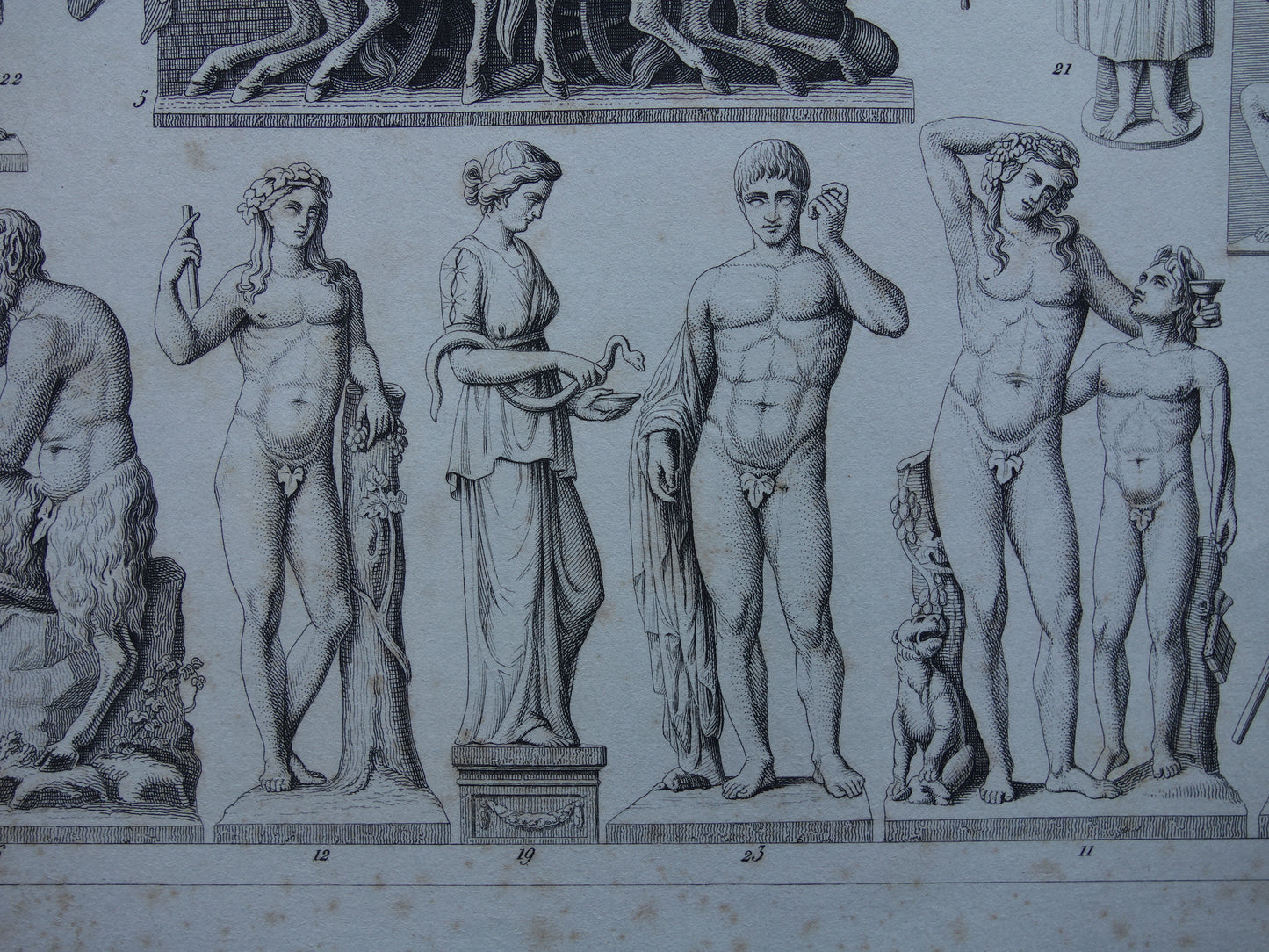 Griekse en Romeinse goden antieke print originele 1849 oude illustratie God sculpturen rituelen vintage religie prenten klassieke oudheid Bacchus