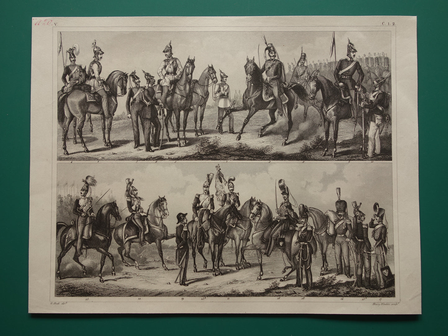 1849 oude  prent van Duitse en Franse soldaten - originele antieke militaire illustratie - uniformen leger Frankrijk Duitsland print