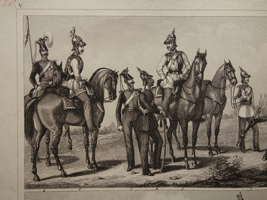 1849 oude  prent van Duitse en Franse soldaten - originele antieke militaire illustratie - uniformen leger Frankrijk Duitsland print