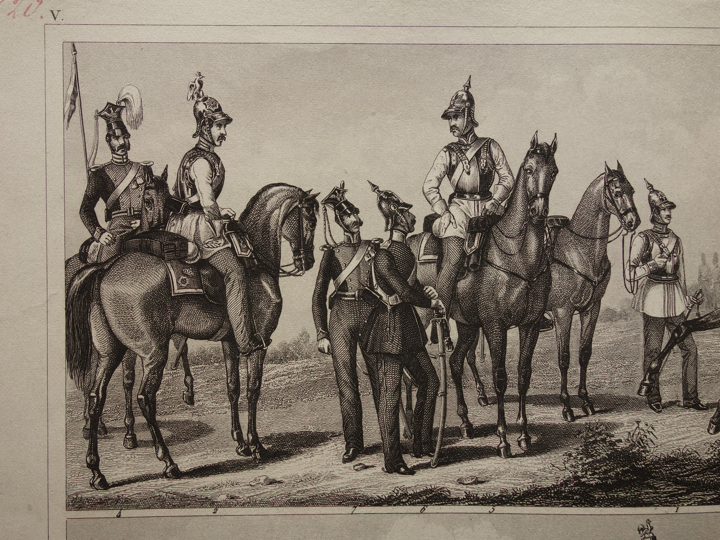 1849 oude  prent van Duitse en Franse soldaten - originele antieke militaire illustratie - uniformen leger Frankrijk Duitsland print