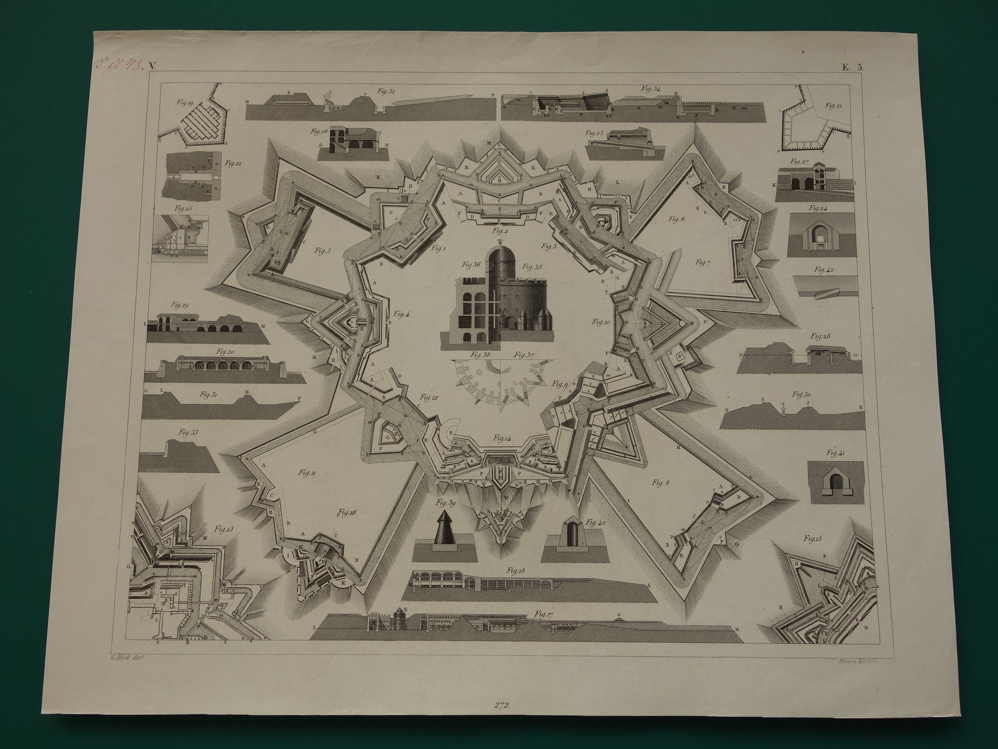 Vestingwerken Vauban oude prent over historische fortificaties - originele antieke militaire illustratie - leger print