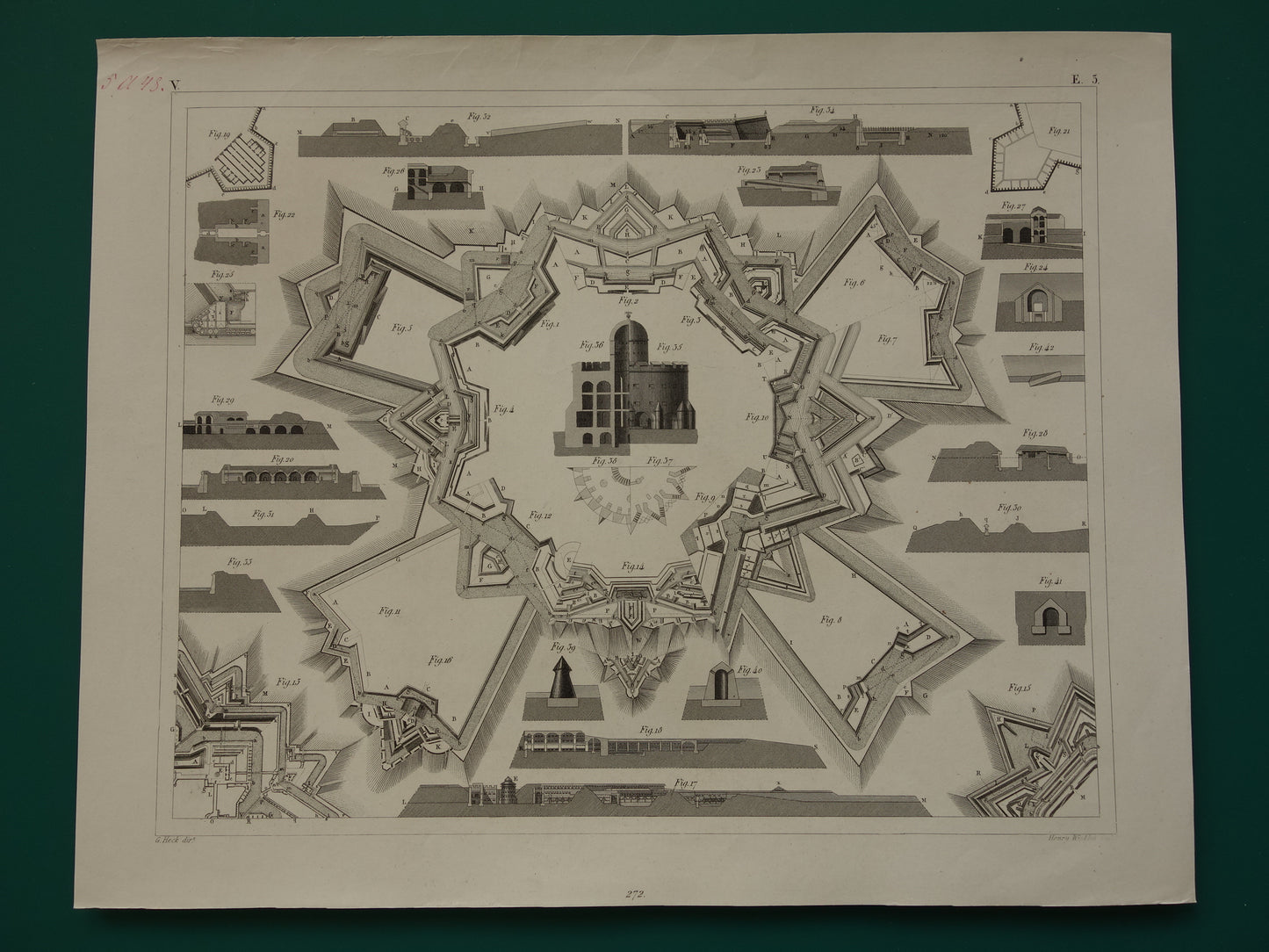 Vestingwerken Vauban oude prent over historische fortificaties - originele antieke militaire illustratie - leger print