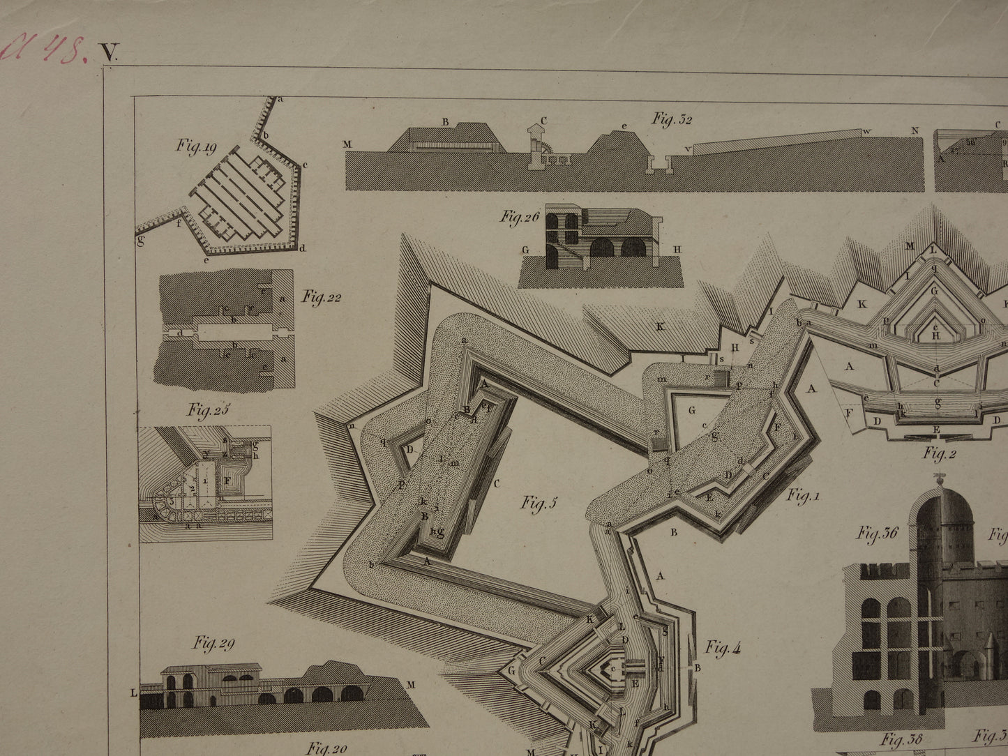 Vestingwerken Vauban oude prent over historische fortificaties - originele antieke militaire illustratie - leger print