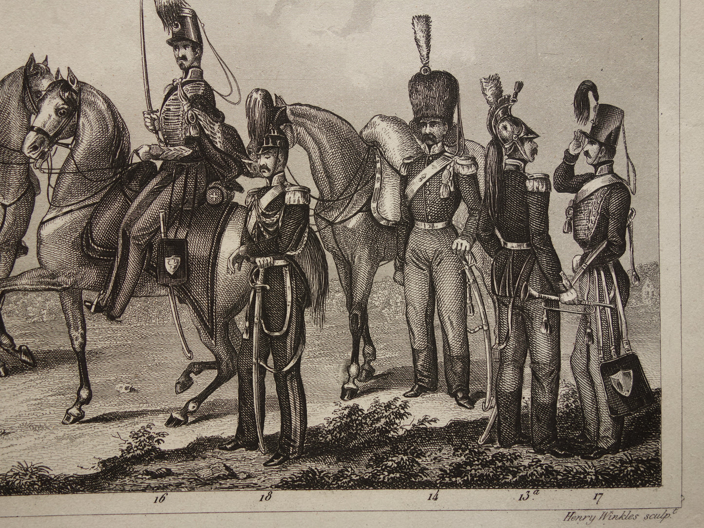 1849 oude  prent van Duitse en Franse soldaten - originele antieke militaire illustratie - uniformen leger Frankrijk Duitsland print