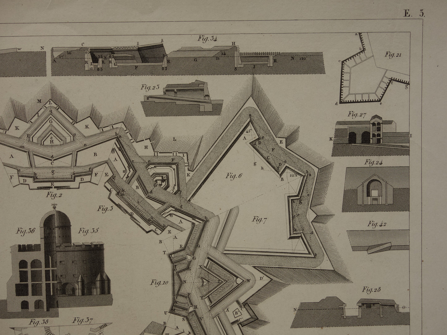 Vestingwerken Vauban oude prent over historische fortificaties - originele antieke militaire illustratie - leger print