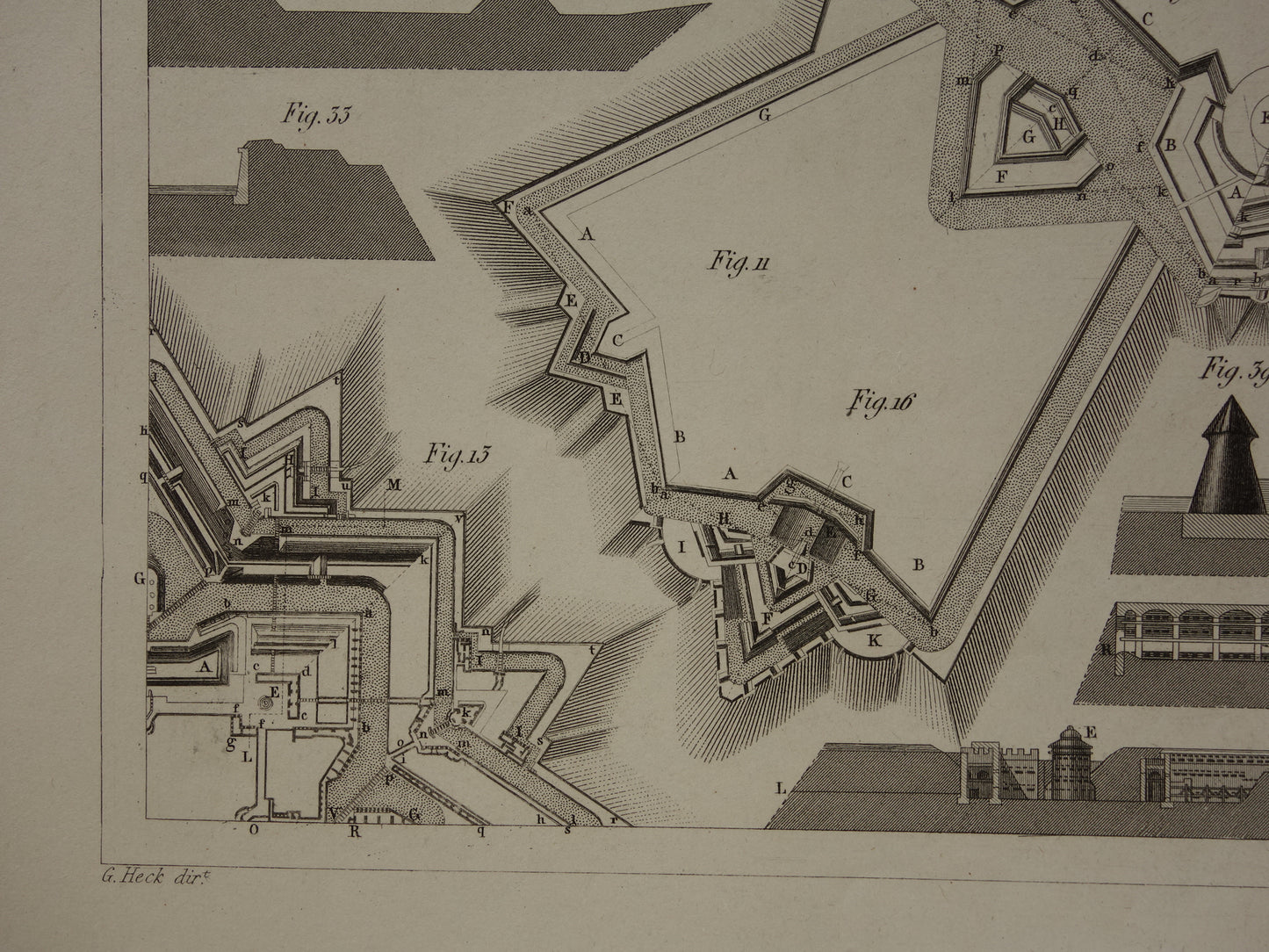 Vestingwerken Vauban oude prent over historische fortificaties - originele antieke militaire illustratie - leger print