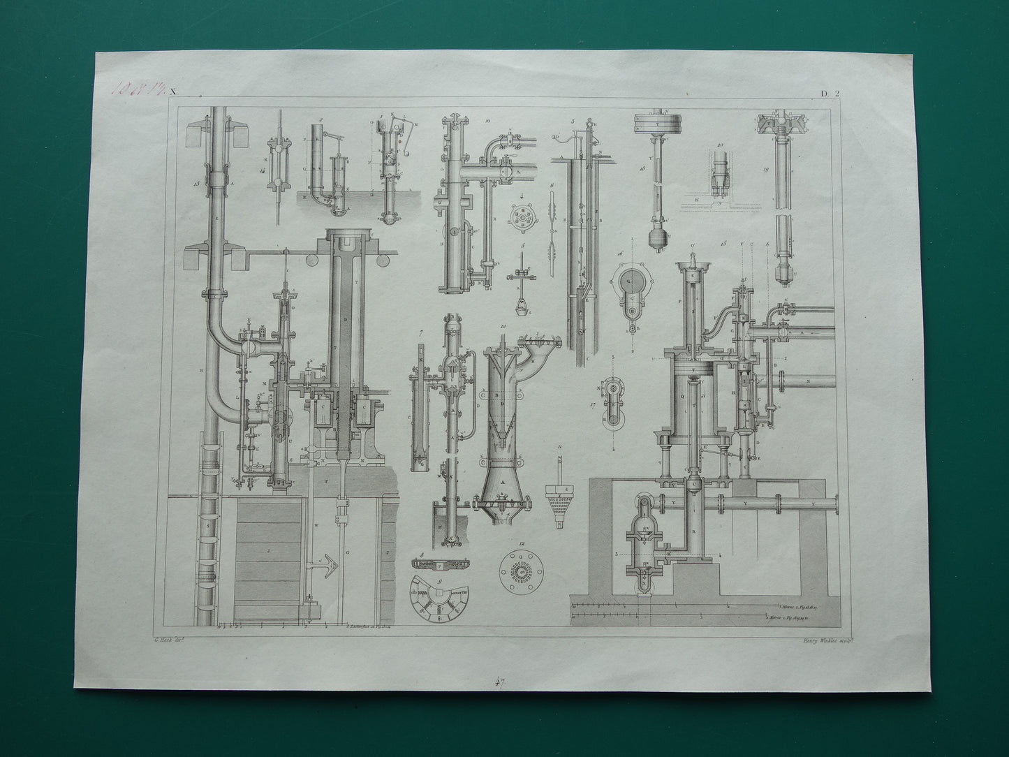 Oude technologie print van pomp- en waterpompen Originele antieke illustratie uit 1851 Pompen Machines Machine vintage wetenschap prent