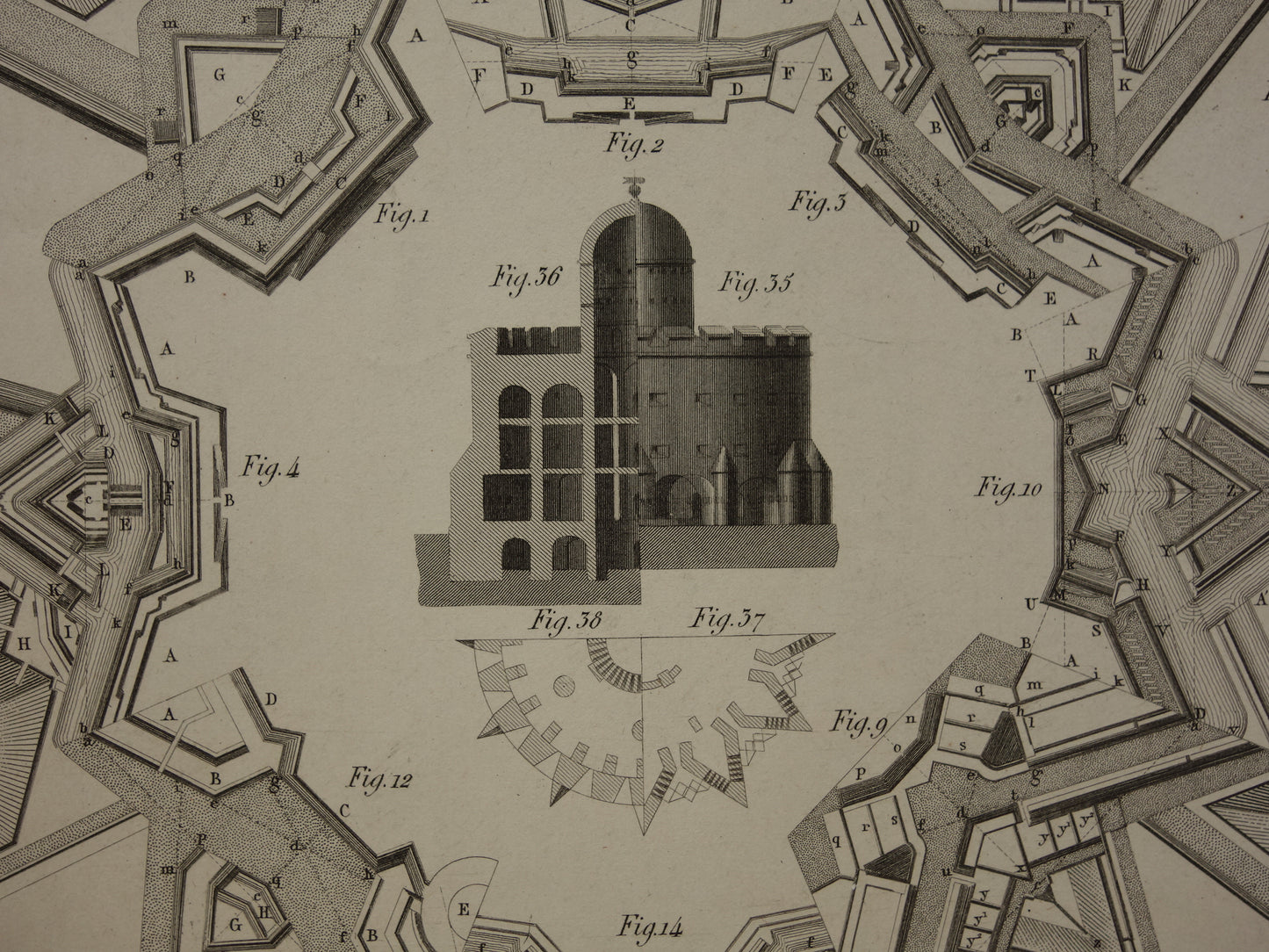 Vestingwerken Vauban oude prent over historische fortificaties - originele antieke militaire illustratie - leger print