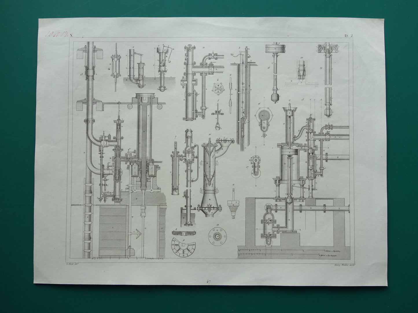 Oude technologie print van pomp- en waterpompen Originele antieke illustratie uit 1851 Pompen Machines Machine vintage wetenschap prent
